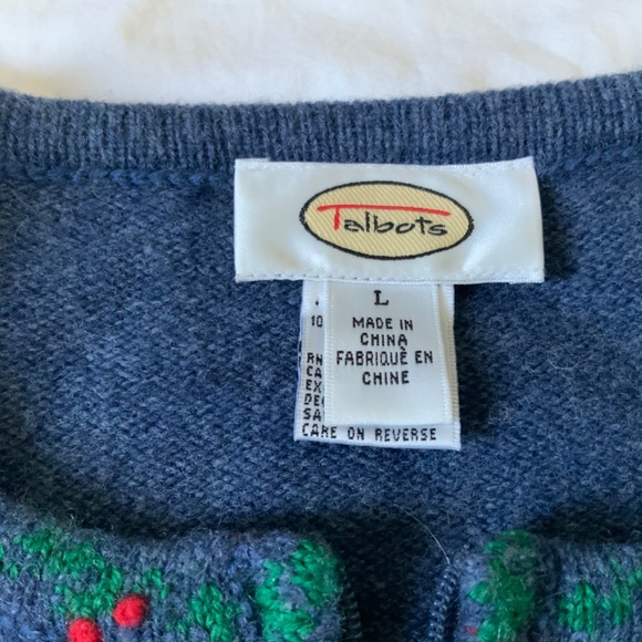 100% Lambswool Talbots Zip Front Cardigan Christmas Embroidered size L - Picture 10 of 12